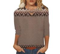 HOOUDO Oberteile Damen Elegant Kurzarm Blusen Sexy Mit V-Ausschnitt, Siebenspitzigen Ärmeln Und Print - Sommerneuheit 2025 (Coffee, XXXL) Tshirt Gummibund Am Saum Carmen Oberteil Damenblazer