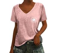 HOOUDO Oberteile Damen Elegant Kurzarm Blusen Sexy Mit V-Ausschnitt, Süßem Sommermuster Und Kurzen Ärmeln (Pink, XXL) Lässige 3XL Kurze Jeansjacke Sommerkleid Sport Shirt & Tuniken Für Sommer