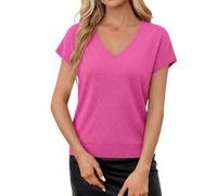 HOOUDO Oberteile Damen Elegant Kurzarm Blusen Sexy Strandurlaubs-Pullover Für Mit Kurzen Ärmeln, V-Ausschnitt, Trendigem, Lässigem Stricktop Cut-Outs (Hot Pink, XXL) Kurzarm-Blusen Vintage