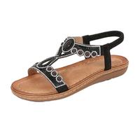 HOOUDO Orthopädische Sandalen Damen Sommer Bequeme Retro Ethno Stil Leichte Strand Urlaub Elastische Ferse Lässige Flache (Black, 40) Keilabsatz Schuhe Vorfußentlastungsschuh Leoprint Mit