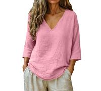 HOOUDO Oversize T Shirt Damen Vintage Kurzärmeliges Damenbluse Leinen Mit V-Ausschnitt, 3/4-Ärmeln, Lockerer Passform Und Einfarbigem - Perfekt Für Den (Pink, XL) Tshirt V Ausschnitt Lang Gant