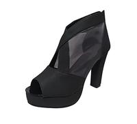HOOUDO Pumps Sandalen Damen Elegant Einfarbig Mode Dicker Absatz High Heel Schuhe Mesh Zurück Reißverschluss Fischmaul (Black, 37) Sommer Brautschuhe Perlen Peeptoes Bequeme Heels Schick 43