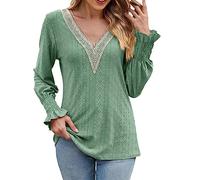 HOOUDO Sale Angebote Blitzangebote Damen Langarm-T-Shirts für Damen, V-Ausschnitt, Spitze, Patchwork, langärmelig, Freizeithemden, Blusen, Tops Elegante Damen Kurze Ärmel M Sale Angebote Bestellung
