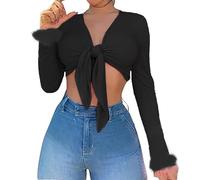 HOOUDO Sale Angebote Blitzangebote Damen Sexy Langarm-Crop-Top zum Binden, Federbesatz, tiefer V-Ausschnitt, Schlichtes, enges Hemd, künstliche Bluse Festliche Blusen Da Meine Bestellungen Anzeigen