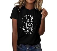 HOOUDO Sale Angebote Blitzangebote Damen-T-Shirt mit Musiknoten-Aufdruck, kurzärmelig, Rundhals-T-Shirt, modisches Oberteil, leicht, weich, lässige Sommerkleidung Vintage Damen Mein Bestellung Sale