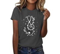 HOOUDO Sale Angebote Blitzangebote Damen-T-Shirt mit Musiknoten-Aufdruck, kurzärmelig, Rundhals-T-Shirt, modisches Oberteil, leicht, weich, lässige Sommerkleidung Vintage D Sale Angebote Bestellung