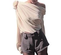 HOOUDO Sale Angebote Damen-Oberteile aus Chiffon mit Applikationen und Netzstoff, Club-Cropped-Tops, durchsichtiger Pullover Sommermode Shirt Salbeigruen Damen T Shirt Dame Sale Angebote Bestellung