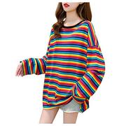 HOOUDO Sale Angebote Frauen Lose Rainbow Contrast Color Striped Top Langarm T-Shirt Leichter Pullover Damen Women's Sports T Shirt White Long Sleeve Top Girls 5-6 Womens Meine Bestellungen Anzeigen