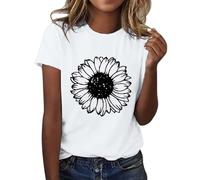 HOOUDO Sale Angebote Lässiges Sonnenblumen-Druck-Rundhals-Kurzarm-Top-T-Shirt Pullover Damen Unterziehshirts Damen T Shirt Damen Schwarz Schulterfrei Hemd Frauen Oversize T Sale Angebote Bestellung