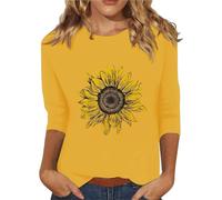 HOOUDO Sale Angebote Sale Angebote Oberteile mit 3/4-Ärmeln und Sonnenblumen-Aufdruck für Damen, lässige Damen-Oberteile Kleid Totenkopf Damen Spagettitraegershirts Damen D Sale Angebote Bestellung