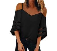 HOOUDO Sale Angebote Top Spaghettiträger Kalte Schulter Trendy Freizeithemd Netzeinsatz Glockenärmelbluse Tunika Damen Sommer Elegant Damen Unterhemd Mit Arm T-Shirt Damen Eleg Mein Bestellung Sale