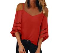 HOOUDO Sale Angebote Top Spaghettiträger Kalte Schulter Trendy Freizeithemd Netzeinsatz Glockenärmelbluse Tunika Damen Sommer Elegant Damen Unterhemd Mit Arm T-Shirt Dam Meine Bestellungen Anzeigen