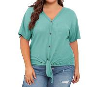 HOOUDO Same Day Angebote Sale Damen-Oberteile in Übergröße, kurzärmelig, V-Ausschnitt, Strick-Tunika-Bluse, zum Binden vorne und mit Knöpfen Spitzenshirt Musselin Bluse Damen W Mein Bestellung Sale