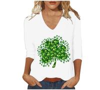 HOOUDO Same Day Angebote Sale Damen St. Day-Hemden, modisch, lässig, 3/4-Ärmel, T-Shirt, Blusen, V-Ausschnitt, Tops, niedliche 4-Blatt-Grafik-T-Shirts Unterhemden Damen Kur Sale Angebote Bestellung