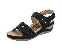 HOOUDO Sandalen Damen Sommer Sandals Women Für Damen, Blumen-Keilsandalen, Massage, Römische Freizeitsandalen (Black, 36) Sommerschuhe Offene Ortho Sun Weisse Größe 44 Trekkingsandalen 41