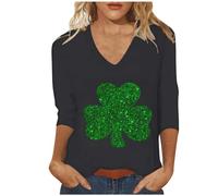 HOOUDO Sonderangebote Schnäppchen Damen St. Day-Hemden, modisch, lässig, 3/4-Ärmel, T-Shirt, Blusen, V-Ausschnitt, Tops, niedliche 4-Blatt-Grafik-T-Shirts Unterhemden Damen Sale Angebote Bestellung