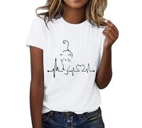 HOOUDO Sonderangebote Schnäppchen Damen-T-Shirt mit Aufschrift „Love Cat“, kurzärmelig, Rundhalsausschnitt, modisches Oberteil, leicht, weich, lässig, Sommerkleidung Rotes Top Mein Bestellung Sale
