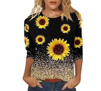 HOOUDO Sonderangebote Schnäppchen Damen-T-Shirt mit modischem, lässigem Blumen- und Sonnenblumen-Druck, mit DREI Viertelärmeln Gelbes Oberteil Damen Oberteil Damen Satin Damen Mein Bestellung Sale