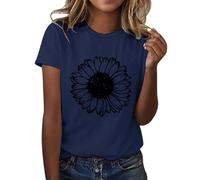 HOOUDO Sonderangebote Schnäppchen Lässiges Sonnenblumen-Druck-Rundhals-Kurzarm-Top-T-Shirt Pullover Damen Unterziehshirts Damen T Shirt Damen Schwarz Schulterfrei Hemd Frau Sale Angebote Bestellung