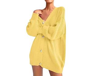 HOOUDO Strickjacke Damen Elegant Ärmeln, einfarbig, lockere Strickjacke Strickweste Schwarz (Yellow, XL)