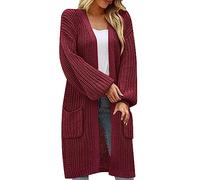 HOOUDO Strickjacke Damen Lang Ärmeln, lockeren großen Taschen, lässiger Strickpullover Strickjacken Clip (Red, L)