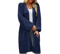 HOOUDO Strickjacke Damen Lang Ärmeln, lockeren großen Taschen, lässiger Strickpullover Strickjacken Clip (Navy, XXL)