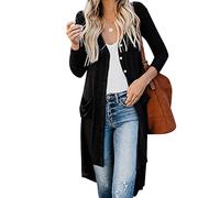HOOUDO Strickjacke Damen Lang Langer, übergroßer Strickmantel, langärmelig, mit Knöpfen, Lockerem V-Ausschnitt, Strickjacke mit Taschen Paar Pulli (Black, L)