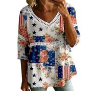 HOOUDO T-Shirt Damen Kurzarmhemden Für Oberteile Damenbluse Zum 4. Juli Mit V-Ausschnitt, 3/4-Ärmeln, Bubble-Crêpe Amerikanischem Flaggenmuster (White, S) Bluse Elegant Sommer Rüschenärmel Tanks