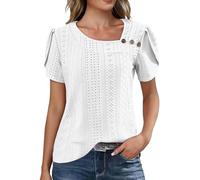 HOOUDO T-Shirt Damen Kurzarmhemden Für Oberteile Europäisches Und Amerikanisches Border-T-Shirt Mit U-Ausschnitt, Knopfleiste, Lockerer Kurzarm (White, XXL) Schicke Tshirt Basic Opus Bluse
