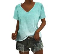 HOOUDO T-Shirt Damen Kurzarmhemden Für Oberteile Kurzarm, V-Ausschnitt, Seitliche Raffung, Lockere Passform, Frühlingsmode (Mint Green, L) Bluse V Ausschnitt Bunt Rundhals-Shirt Mit Kurzen