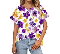 HOOUDO T-Shirt Damen Kurzarmhemden Für Oberteile Mit Fledermausärmeln, Lockerer Rundhalsausschnitt, (Pp3, XL) Festliche Kurzarm Spitze Shirt Musselinbluse Transparentes Oberteil Tshirt 80Er