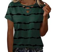 HOOUDO T-Shirt Damen Kurzarmhemden Für Oberteile Mit V-Ausschnitt Und Speziellem Ausschnittdesign (Green, M) Baumwoll Tops Kurz Carmenbluse Freizeitshirt Gepunktet Bluse Spaghetti-Top Spitze
