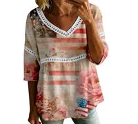 HOOUDO T-Shirt Damen Sommer Oberteile Rundhals Kurzärmeliges Damenbluse Zum 4. Juli Mit V-Ausschnitt, 3/4-Ärmeln, Bubble-Crêpe Amerikanischem Flaggenmuster (White, S) Bluse Frauen Kurzarm Kasack