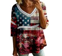 HOOUDO T-Shirt Damen Sommer Oberteile Rundhals Kurzärmeliges Damenbluse Zum 4. Juli Mit V-Ausschnitt, 3/4-Ärmeln, Bubble-Crêpe Amerikanischem Flaggenmuster (Navy, L) White Shirt Women Karomuster