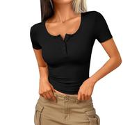 HOOUDO T-Shirt Damen Sommer Oberteile Rundhals Kurzärmeliges Mit Eckigem Ausschnitt, Kurzen Ärmeln, Gerippt, Schmal Geschnitten, Lässig (Black, S) T Shirt Braun T-Shirts Für Gradient Farbig Opus