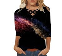 HOOUDO T-Shirt Damen Sommer Oberteile Rundhals Kurzärmeliges Mit V-Ausschnitt, Siebenspitzigen Ärmeln Und Print - Sommerneuheit 2025 (Bk1, XL) Tshirt Dmaen Gelbe Bluse Elegant Chiffonbluse