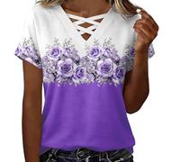 HOOUDO T-Shirt Damen Sommer Oberteile Rundhals Kurzärmeliges Mit V-Ausschnitt Und Speziellem Ausschnittdesign (Purple, XXL) Rainbow T Shirt Carmen Oberteil Opus Bluse Durchsichtige Leicht Top