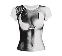 HOOUDO Tages Angebote Sale Damen-Top mit 3D-Körperdruck und Schnitt, schön und sexy, kurzärmeliges T-Shirt mit Rundhalsausschnitt, modisch T Shirt Totenkopf Glitzer Dame Meine Bestellungen Anzeigen