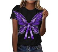 HOOUDO Tagesangebote Heute Sale Damen Awareness Shirt Lila Band Floral Kurzarm T Shirts Pflege Tops Rolli Schwarz Damen Tshirt Damen Longshirt Lange Tshirts Damen Locker Ob Sale Angebote Bestellung