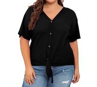 HOOUDO Tagesangebote Heute Sale Damen-Oberteile in Übergröße, kurzärmelig, V-Ausschnitt, Strick-Tunika-Bluse, zum Binden vorne und mit Knöpfen Spitzenshirt Musselin Blus Meine Bestellungen Anzeigen