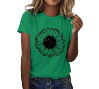 HOOUDO Tagesangebote Heute Sale Lässiges Sonnenblumen-Druck-Rundhals-Kurzarm-Top-T-Shirt Pullover Damen Unterziehshirts Damen T Shirt Damen Schwarz Schulterfrei Hemd Frauen Ove Mein Bestellung Sale