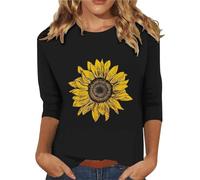 HOOUDO Tagesangebote Heute Sale Oberteile mit 3/4-Ärmeln und Sonnenblumen-Aufdruck für Damen, lässige Damen-Oberteile Kleid Totenkopf Damen Spagettitraegershirts Damen D Meine Bestellungen Anzeigen