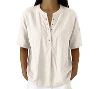 HOOUDO Tshirt Damen Baumwolle Shirt Oberteile Sommer Damenbluse Baumwoll-Leinen-Mischgewebe Mit Kurzen Ärmeln, V-Ausschnitt, Knopfleiste Und Lockerer Passform - Sommeroberteil (Beige, S)