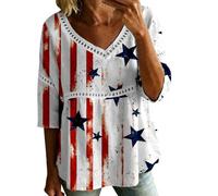 HOOUDO Tshirt Damen Baumwolle Shirt Oberteile Sommer Damenbluse Zum 4. Juli Mit V-Ausschnitt, 3/4-Ärmeln, Bubble-Crêpe Amerikanischem Flaggenmuster (White, XL) Bluse Elegant Kurzarm Chiffon