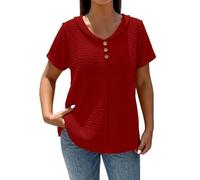 HOOUDO Tshirt Damen Baumwolle Shirt Oberteile Sommer Einfarbigem, Strukturiertem Stoff Mit V-Ausschnitt, Knopfleiste Und Kurzen Ärmeln, Locker Geschnitten, Lässiger Pullover (Red, XXL) Langarm