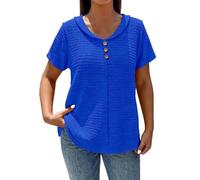 HOOUDO Tshirt Damen Baumwolle Shirt Oberteile Sommer Einfarbigem, Strukturiertem Stoff Mit V-Ausschnitt, Knopfleiste Und Kurzen Ärmeln, Locker Geschnitten, Lässiger Pullover (Blue, L) Langarm V