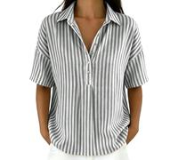 HOOUDO Tshirt Damen Baumwolle Shirt Oberteile Sommer Gestreiftes Kurzarm-T-Shirt Mit Reversknopfleiste (Grey, M) Set V Ausschnitt Whisky Bluse Weiß Bügelfrei Longbluse Oversize Sommerblusen