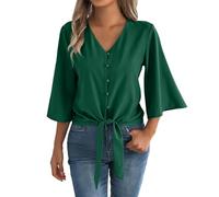 HOOUDO Tshirt Damen Baumwolle Shirt Oberteile Sommer Mit Knopfleiste, V-Ausschnitt, 3/4-Glockenärmeln Und Bindeknoten, Lässige Sommerblusen (Blackish Green, L) 3/4 Arm Weiss Basic T-Shirts Bluse