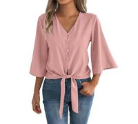 HOOUDO Tshirt Damen Baumwolle Shirt Oberteile Sommer Mit Knopfleiste, V-Ausschnitt, 3/4-Glockenärmeln Und Bindeknoten, Lässige Sommerblusen (Pink, M) Satin Übergroßes Damen-T-Shirt Blumendruck