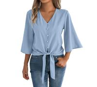 HOOUDO Tshirt Damen Baumwolle Shirt Oberteile Sommer Mit Knopfleiste, V-Ausschnitt, 3/4-Glockenärmeln Und Bindeknoten, Lässige Sommerblusen (Light Blue, XL) Eng T-Shirts Für Chiffon Bluse